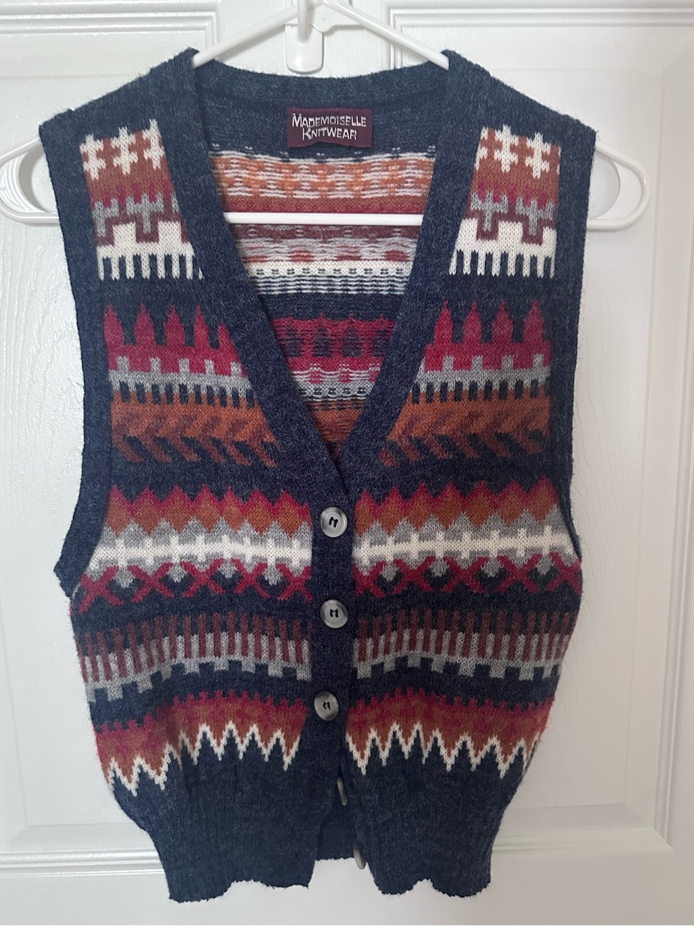 Mademoiselle Knitwear Fair Isle Button Vest in Navy & Rust